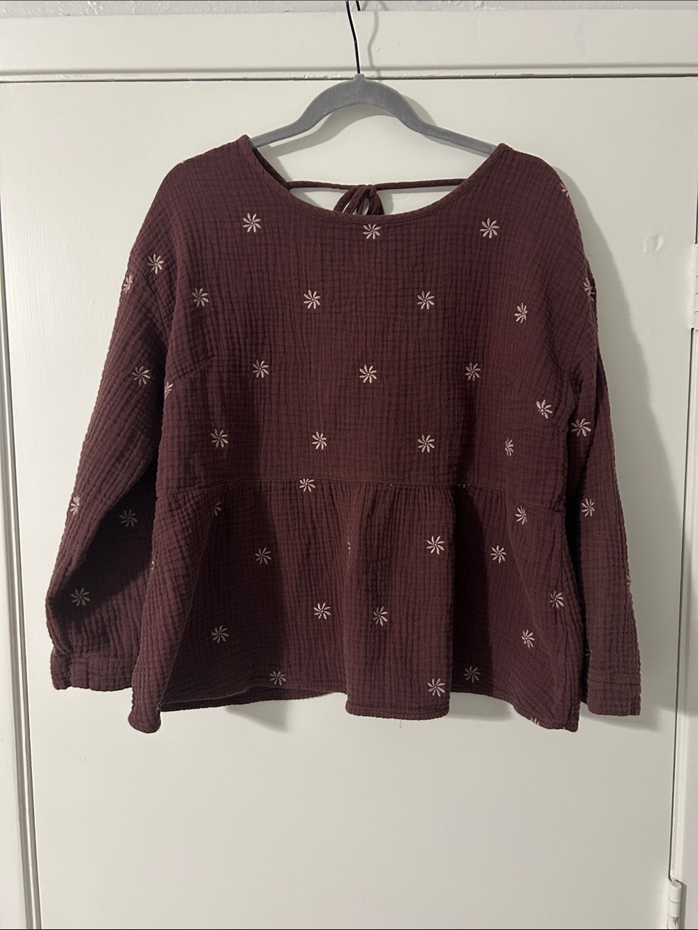 Women’s Burgundy Peasant Top with Daisy Embroidery